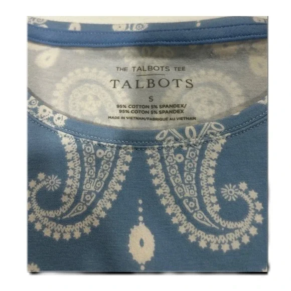 Talbots White and Blue Paisley Women Tee, Small - Picture 6 of 6